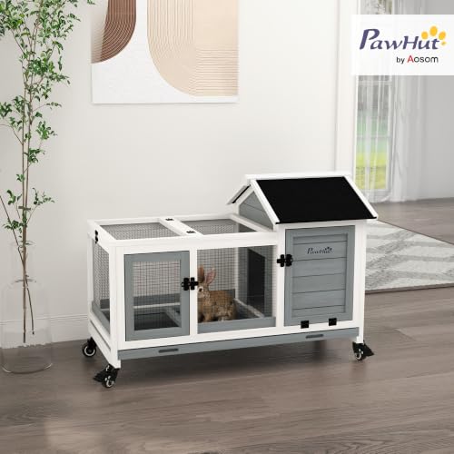 PawHut Wooden Rabbit Hutch with Wheels for Rabbits Indoor Outdoor Gray | Large Bunny Hutch, with Run, Slide-Out Tray, for Small Animals, Chickens, Ducks, Guinea Pig - color: Gray