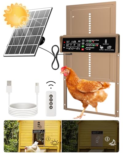 AsFrost Automatic Chicken Coop Door, 7W Solar Panel Powered Brown | Timer & Light Sensor Auto Chicken Door for Small Poultry,Solar Coop Door with Remote Ctrl, Anti-Pinch & Weatherproof Aluminum - color: Brown
