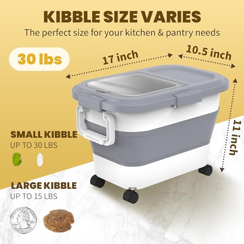 HOYTAMDA 20-30Lbs Rice Container,Collapsible Food Storage Container Wheels | Rice Storage Container with Airtight Locking Lid,Handle,Small Bin &Scoop,Rice Dispenser for Flour Sugar Cereal Grain Dog Cat - color: Grey/20-30lbs