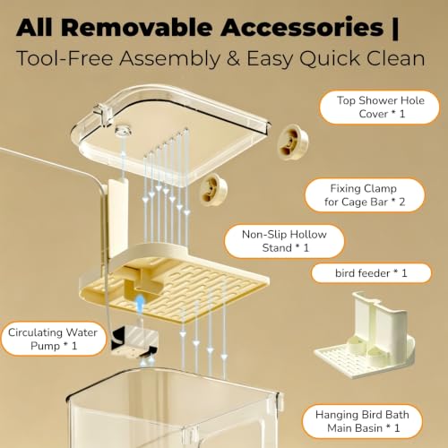 Automatic Bird Bath, Parrot Shower with Circulating Water (Clear with Feeder) | Indoor Parrot Bath Cage Accessories with Circulation Pump for Parakeet Budgie Cockatiel Finches Cockatoo Conure Pet Bird - color: Transparent
