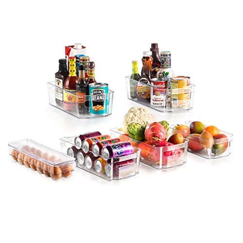 NutriChef Refrigerator Organizer Bins 6-Piece - Plastic Storage Bins with Egg Holder - For Fridge, Freezer, Kitchen, Cabinet, Countertops, Pantry - Stackable Food & Drink Containers, 14.5"x7" - Clear - style: 6-Piece