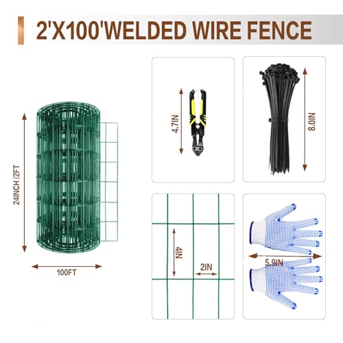 Tongmo 2 ft x 100 ft Green PVC Coated Welded Wire Fence, 16GA Garden Chicken Wire Fence Roll, Mesh Size 2" x 4" Hardware Cloth, Ideal for Yard Protection and Poultry Netting - color: Green, size: 2ft*100ft