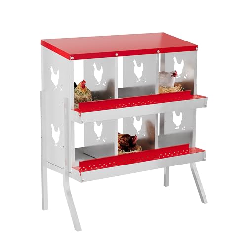 Chicken Nesting Boxes 6 Holes Galvanized Steel Rustproof Egg Laying Box with Egg Collection Systems, Hen Eggs Laying Box, Ventilated/Easy to Install, for Chicken House/Duck House/Hen - color: Red, size: 6 Holes with Legs