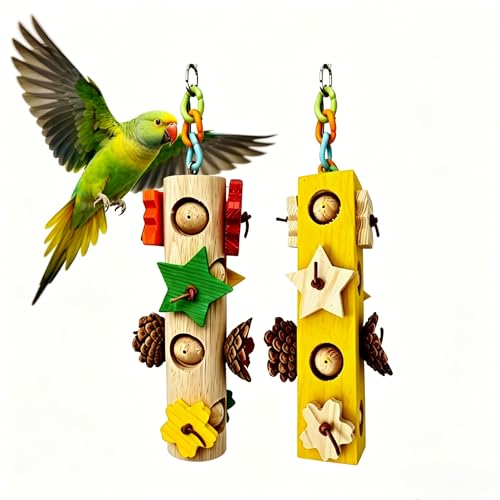 2Pcs Bird Hanging Chew Toys, Suitable for All Birds | Colorful Wooden Beads & Natural Pine Cones, Foraging & Beak-Grinding, Cockatiels, Lovebirds, Conures, Cage Accessories