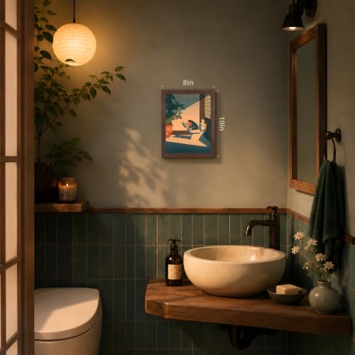 GELDSTEI Wood Framed Funny Frog Reading Vintage Bathroom Wall Art 8x10 in | Vintage Japanese Style Frog Reading On Toilet Art Print, Playful Farmhouse Wall Decor for Bathroom and Powder Room - color: Frog, size: 10"L x 8"W