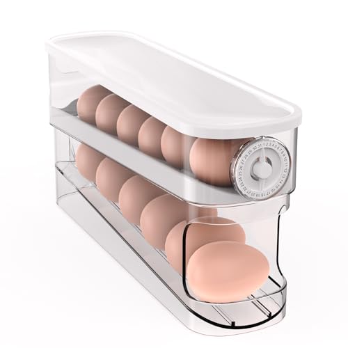 Auto Rolling Egg Holder for Fridge, Egg Dispenser/Organizer/Storage/Container with Lid & Date Timer for Refrigerator, Sturdy and Durable Space-Saving Egg Tray for 12 Large Eggs - size: With Timer