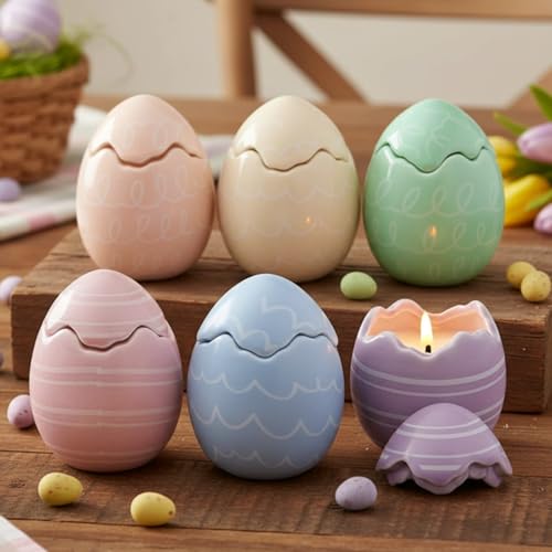 Sumind 6 Pcs Easter Egg Shaped Scented Candles Gifts Pastel Vanilla Scented Easter Burning Candles with Lids Decorations Gifts for Women Spring Holiday Birthday Home Party Decor