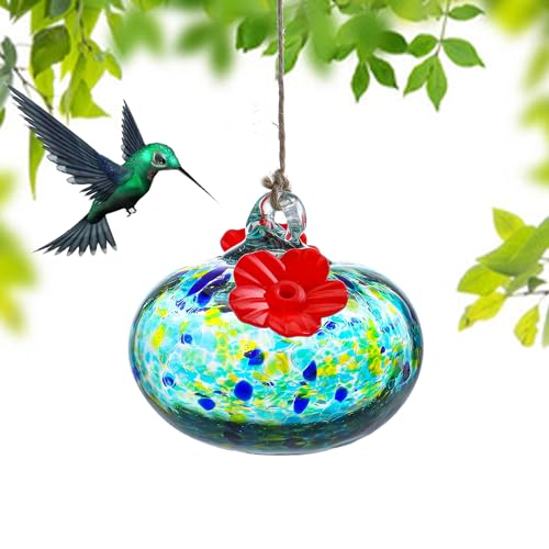 3.3OZ Handcrafted Glass Hummingbird Feeder, Twin Feeding Ports Included, Outdoor Hanging Ornament for Garden and Patio, Remarkable Hummingbird Gifts to Delight Women - color: blue