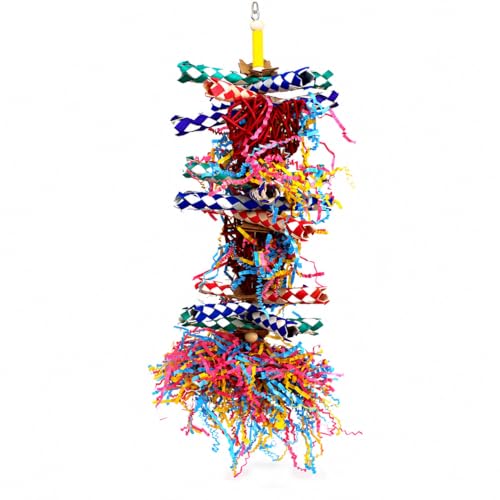 Bonka Bird Toys 1042 Huo Foraging Hearts Bird Toy for Medium Large Birds Interactive Shredding and Chewing Cage Toy Colorful Palm Leaf and Paper Enrichment Toy 12.5" - color: Duo Foraging Heart