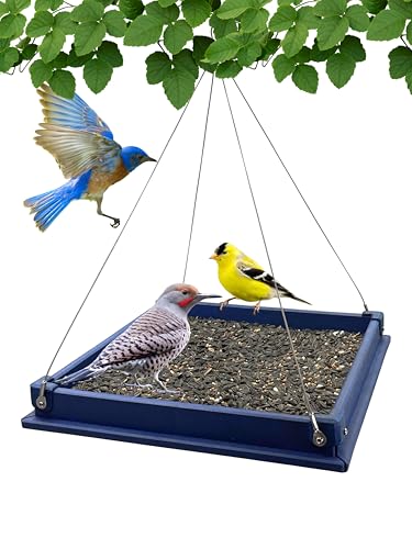 Large Recycled Plastic Platform Bird Feeder - Blue | 12.5-Inch Recycled Plastic Tray with Removable Perforated Steel Drain Plate - Cardinals, Finches, Blue Jays