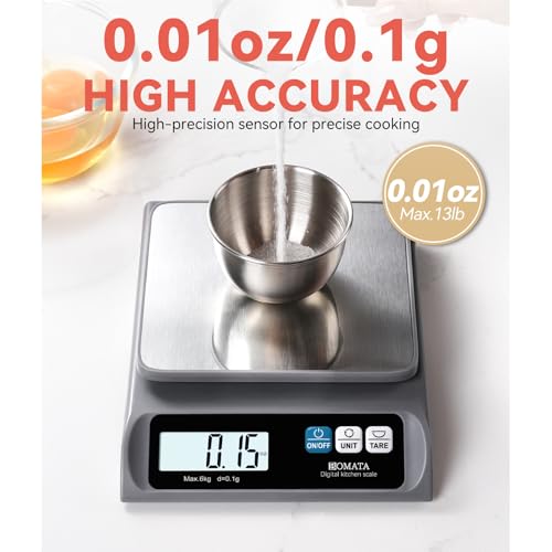 BOMATA 0.1g High Precision Digital Kitchen Food Scale, 13lb Gram Scale | Removable Pan, Stainless Steel Pan, Backlit LCD Display, Digital Scale for Cooking, Baking B621 Grey - color: Grey Non-rechargeable