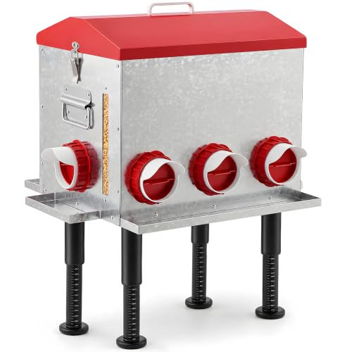 55 LB 10-Gallon Automatic Chicken Feeder, Large Metal Poultry Feeder with Window, 4-Sided No-Waste Feeding Design, Rust-Resistant Steel with Adjustable Legs for Outdoor Coops
