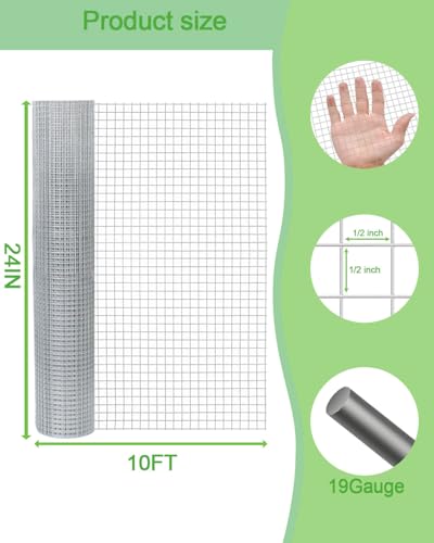 Hardware Cloth 24in x 10ft 1/2 Inch 19 Gauge, Hot-Dipped Galvanized Welded Wire Mesh, Low Carbon Steel, Animal Cage Wire Netting, Garden Wire Mesh - size: 1/2inch 24in×10ft