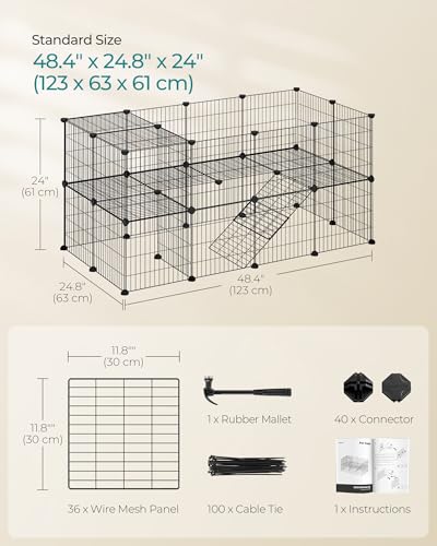 SONGMICS 36 Panels Pet Playpen, Small Animal Playpen, Rabbit Guinea Pig Cage, Zip Ties Included, Metal Wire Apartment-Style Two-Story Pet Premium Villa for Bunnies Puppies,Indoor Use, Black ULPI002B01 - color: Black, size: 48.4"L x 24.8"W x 24"H