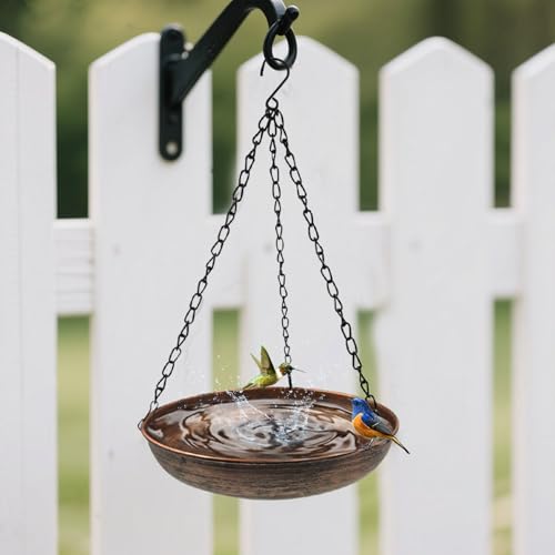 10" Compact Metal Hanging Bird Bath with Chains | 1.6" Deep Bowl, 0.4Gal Capacity, 3 Chain Support, Easy Cleaning, Rust Resistant, Small Space Decor - size: 10"