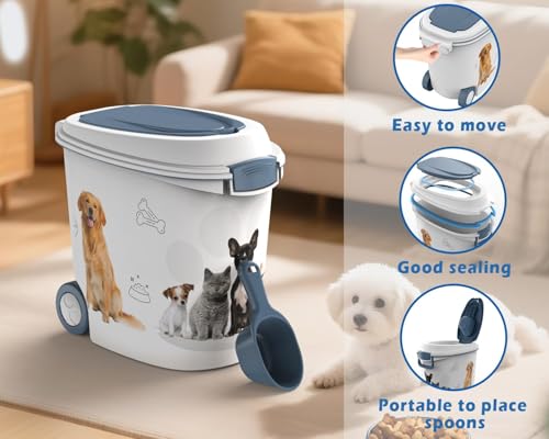 DRATO Pet Food Storage Container with Wheels 30LB Capacity | Resin, Slow Feeder Bowl and Scoop, Easy to Move, Keep Food Fresh, For Dogs, Cats, Birds - color: Blue