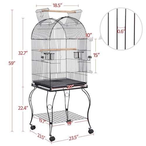 Yaheetech 59-Inch Rolling Standing Medium Dome Open Top Bird Cage for Parrots Cockatiels Sun Conures Parakeets Lovebirds Budgies Finches Canary Pet Bird Cage with Removable Stand