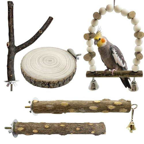 5Pcs Natural Wooden Bird Perch Set – Parrot Perch Toys, Wooden Perch Swing, Cage Accessories for Budgies, Cockatiels, Lovebirds, Finches, and Other Small to Medium Birds (Brown, 5PCS-B) - size: 5PCS-B
