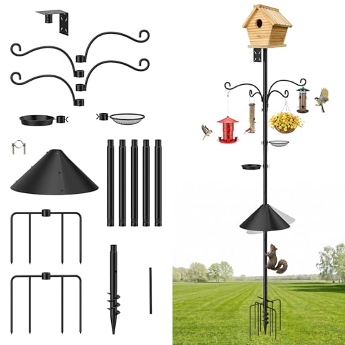MoKo Bird Feeder Pole, 92 in Bird House Pole Squirrel Baffle 9 Prong Base | Bird Feeding Station Heavy Duty, Includes Water Bowl and Mesh Tray for Feeding, for Gardens No Bird House, Black