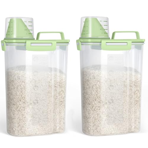 TBMax Rice Container Cereal Storage Container 2 Pack 5 Lbs, Plastic Kitchen Pantry Food Storage Container with Cup, Small Pet Dog Cat Food Dispenser -Green - color: Green 3+3Qt