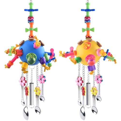 KATUMO Bird Toys, 2PCS Parrot Pull Spoons Colorful Acrylic Stick Chew Toys for Amazon Parrot, Parakeet, African Grey, Conure, Caique, Quaker, Small Cockatoo, Mini Macaw, Eclectus and Similar Birds - color: Blue + Yellow