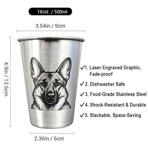 4 Pack 16oz Conical Stainless Steel Cups - Laser Engraved Animals, Stackable Durable Metal Cold Drink Cups for Parties & Outdoor Events (German Shepherd) - color: German Shepherd