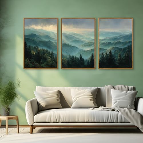 QTUSYUR Sage Green Mountain Wall Art - Large Farmed Pine Forest Landscape Art Print - Abstract Nature Adventure Artwork for Farmhouse Bedroom Living Room- Misty Mountains Triptych Decor 16”×24”×3 - style: mountain