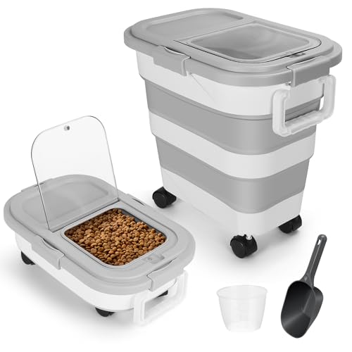 30LB Dog Food Storage Container with Wheels, Lid, Handle, Cup and Scoop | Collapsible Pet food Storage Containers, Airtight Food Storage Bin for Cat Dog Kibbles, Bird Seed, Rice, Flour, Cereal -Grey - color: 30 Lbs Grey