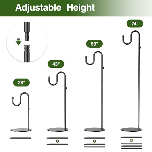 74" Shepherds Hook Stand: Hanging Wind Chimes, Bird Feeders, Plants | Adjustable, Heavy Duty Base, Free Standing Pole Holder for Indoor & Outdoor, Holds Up to 20 LBS - color: Black