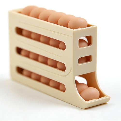 4 Tier Egg Roller Dispenser for Fridge, Automatic Rolling Egg Organizer, Refrigerator Space Saving Egg Storage Container Holder Holds 28 Eggs (Yellow) - color: Yellow