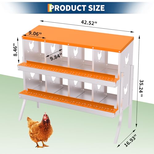 Chicken Nesting Box, 8 Compartment Galvanized Steel Chicken Laying Boxes, Heavy Duty Rustproof Chicken Coop with Easy Egg Collection for Backyard Farms - with Bracket Legs, Orange - color: orange