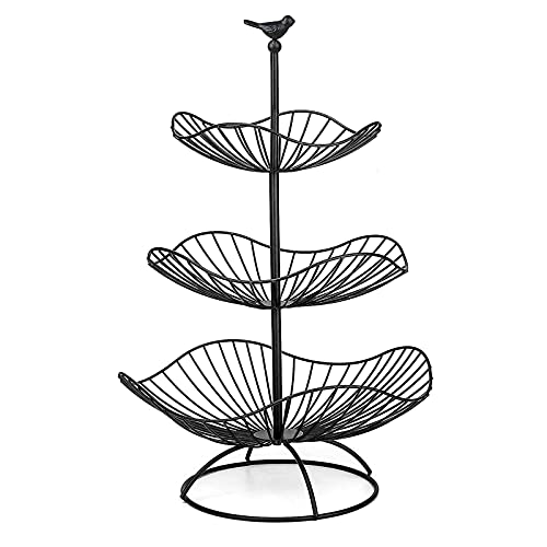 easyBee 3-Tier Fruit Basket Tower Stand, Metal Wire Construction, Vegetable Tiered Shelf, Tall Standing Produce Holder, Serving Basket for More Counter Space, 31 x 25 x 20 cm - Black