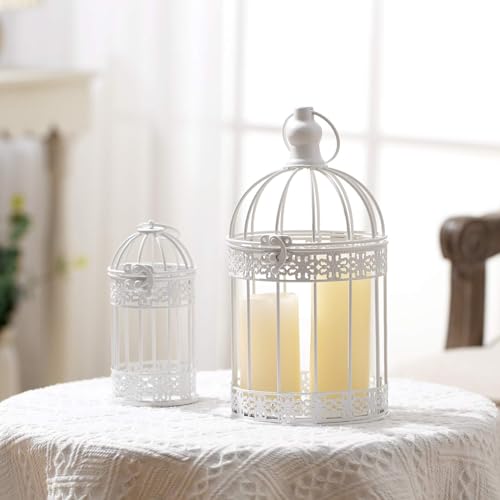 Sliner 4 Pcs Decorative Bird Cages for Centerpiece Metal Vintage Hanging Lantern Bird Cage Birdcage Candle Lanterns Weddings Home Living Room Porch Office Decoration(White) - color: White