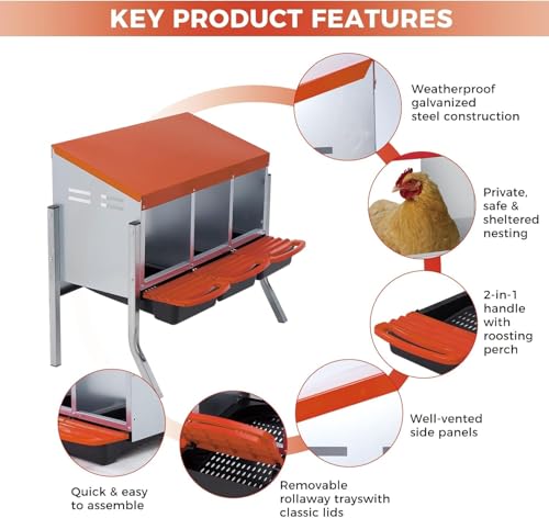  Chicken Nesting Box with Cleanable Pull Out Trays, 3 Hole Roll Away Nesting Box for Laying Hens, Wall Mount or Placed Design for Easy Egg Collection ﻿ - color: Orange, size: 3 Holes with legs