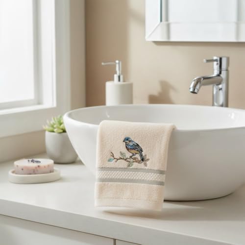 Avanti Linens – Fingertip Towel Set, 100% Cotton Velour Bathroom Towels with Embroidered Bird & Floral Design, Absorbent Terry Reverse, Home Decor, Set of 2 (Love Nest Collection)