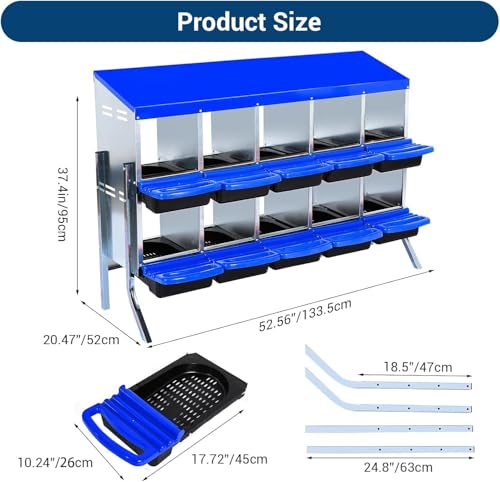 10-Hole Chicken Nesting Box with Removable Lid, Metal Chicken Coops with Roll Away Design/Easy Egg Collection/Ventilation Holes, for Chickens Coops, Duck and Hens - color: Blue, size: 10 holes with legs