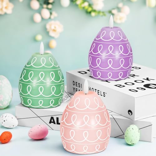 3PCS Easter Egg Flameless Candles – 5.2" Battery Operated LED Egg Candles with White Wave Pattern, Green Purple Pink Real Wax Finish, Flickering Flame for Easter Table Centerpiece Spring Home - color: purple, pink, green