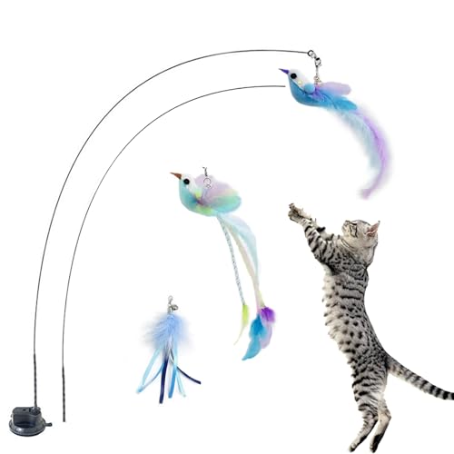 Cat Toys Interactive Hands-Free 6 Pack Cat Toys for Indoor | Cats Toy Wand Natural Bird Feather, Suction Cup Pet Indoor Dancing Playing Toys, Suction Cup Pet Dancing Playing - color: GREY