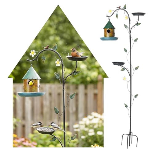 VINGLI 74.8" H Metal Bird Bath with Bird House, Outdoor Bird Bath with Stakes, 3-in-1 Bird Feeder for Patio, Garden, Yard, Lawn (Hanging Bird House)