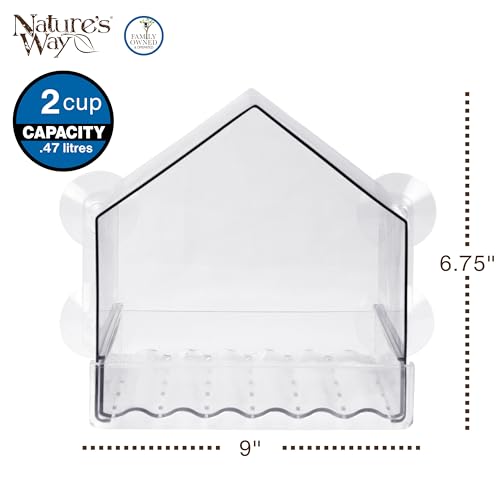 Nature’s Way Crystal Window Seed Feeder with 4 Secure Suction Cup Mount, Clear 2-Cup Capacity Hanging Bird Feeder for Close-Up Viewing, 6.5"