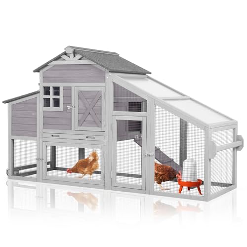 GUTINNEEN Mobile Chicken Coop for 2-4 Chickens with Wheels, Expandable Large Hen House with Run, UV-Protected Roof, Divided Nesting Boxes, Easy One-Person Move, Grey - color: Grey, size: 65.2"L x 26.4"W x 47.6"H