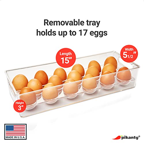 Pikanty Egg Holder for Refrigerator with Removable Tray - Holds 17 Eggs, Clear Plastic Container with Pull Handles for Bulk Eggs, Farm Fresh, Backyard Chickens, Dishwasher Safe, Made in USA - style: Eggs Holder Bin
