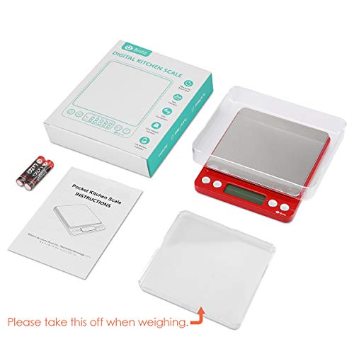 AMIR Upgraded Digital Kitchen Scale, 500g Mini Pocket Jewelry Scale, Cooking Food Scale with Back-Lit LCD Display, 2 Trays, 6 Units, Auto Off, Tare, Stainless Steel (Batteries Included) - color: Red