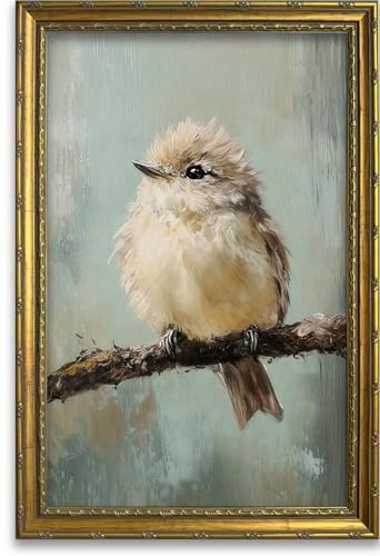 DR.RiftArt Cute Fluffy Bird on Branch Wall Art Rustic Farmhouse Decor | Vintage Gold Framed Bird Oil Painting Canvas Print, Animal Wall Decor for Living Room Bedroom Office, 16x24 Inch - color: Cute Bird, size: 24"L x 16"W