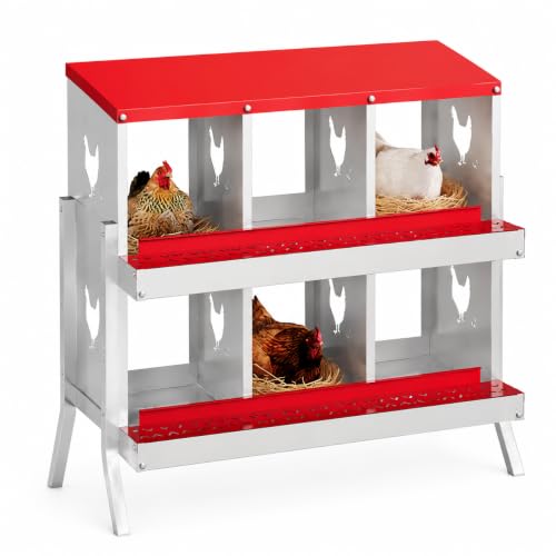 Galvanized Steel Chicken Nesting Box 6 Grids, Metal Egg Laying Boxes for Hens with Hinged Lid and Ventilated Design, Easy Clean Poultry Nest Box for Chicken Coop Accessories, Red, with Legs - color: Red, size: 6 Holes with Legs