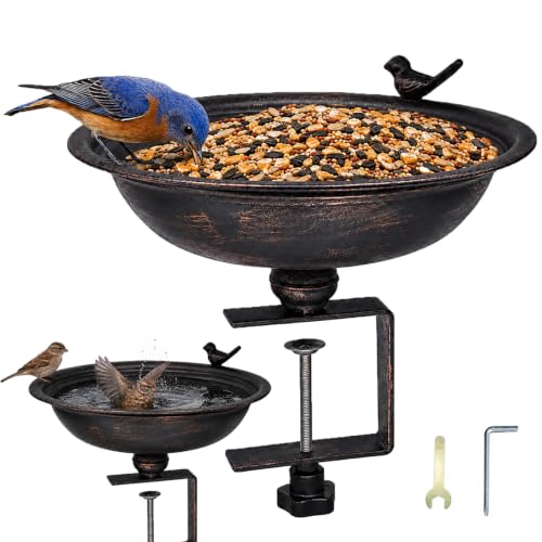 12 Inch Deck Mounted Bird Bath & Bird Feeder for Deck Railing, Clip On | Clamp On Bird Feeder, Porch Bird Bath, Fence Mount Railing Bird Feeder, Patio Garden, Rust Resistant Solid Metal 2-in-1