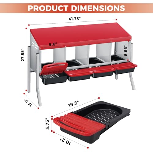 4 Hole Chicken Nesting Boxes, Weatherproof Galvanized Steel Chicken Egg Laying Box with Automatic Rollout Egg Collection, 2-in-1 Handle Perch, Easy Clean & Quick Assemble for Chicken Coop - color: Red, size: 4 holes with legs