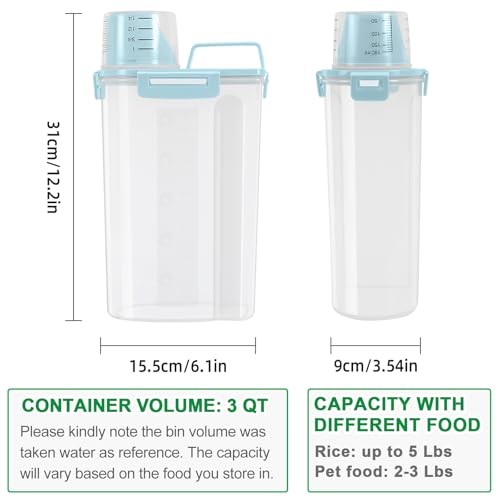 TBMax Rice Container Cereal Storage Container 2 Pack 5 Lbs, Plastic Kitchen Pantry Food Storage Container with Cup, Small Pet Dog Cat Food Dispenser -Blue - color: Blue 3+3Qt