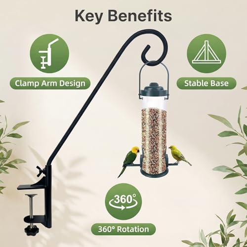 Heavy Duty Deck Hook,360 ° Rotating Design,Pole 15”Long Metal Deck Railing Hooks for Hanging Bird Feeders,Planters,Suet Baskets,Lanterns,Wind Chimes,Clamp Mounted,Only Deck Hook