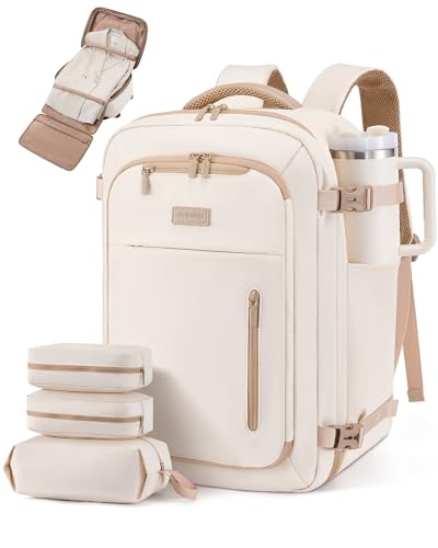 LOVEVOOK Travel Backpack for Women Men with Garment Bag, 40L Carry on Backpack as TSA Personal Item Flight Approved, Luggage Daypack Fits 17.3" Laptop, Overnight Business Weekender Travel Essential - color: White Apricot, size: 40L-17.3 Inch-4Pcs